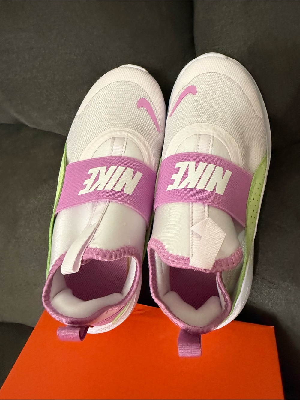 Nike Kids White Pink Slip-On Sneakers with Lime Accent